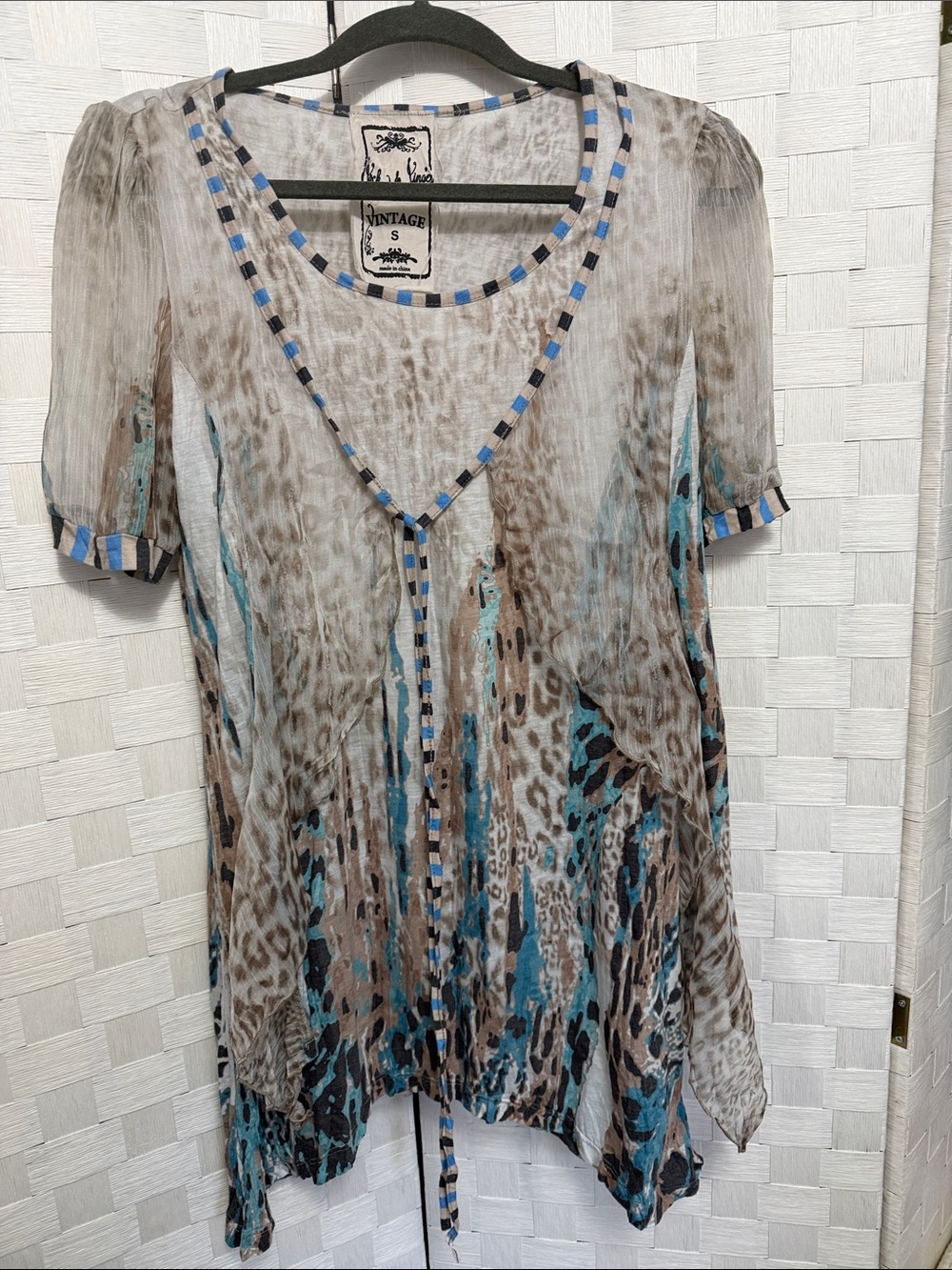 Vintage Flowing Tunic mini dress - Blue, Brown & Cream